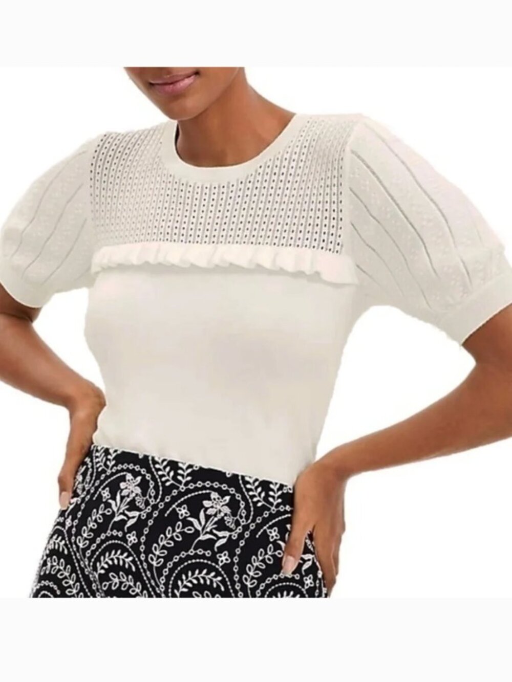 LOFT Women XXS Cottage Core Pointelle White Knit Ruffle Sleeve Sweater Shirt